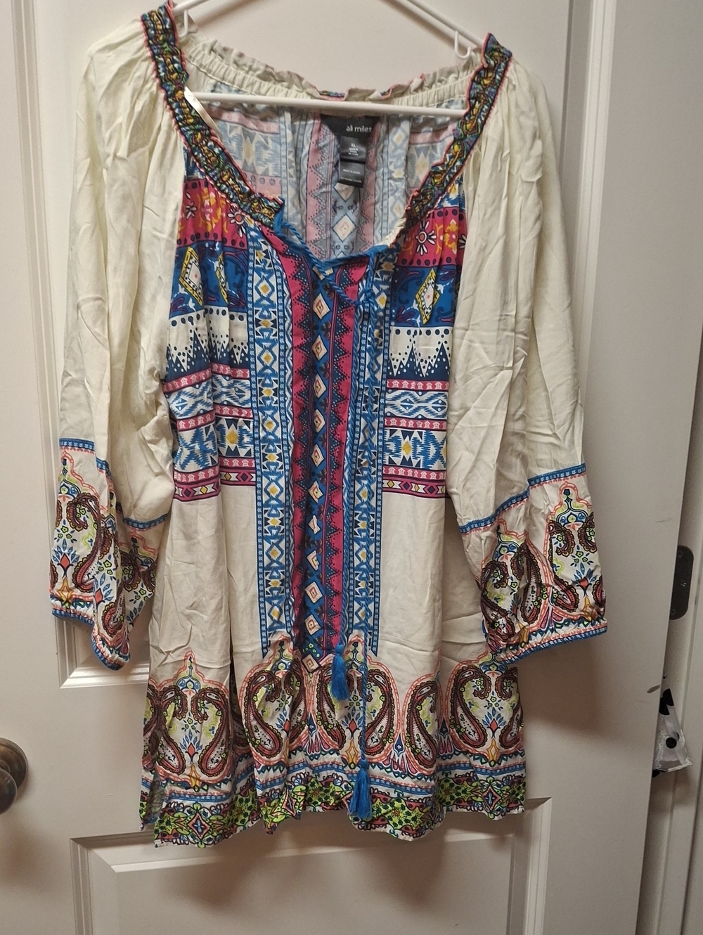 Ali Miles Cream Boho Tunic with Multicolor Embroidery